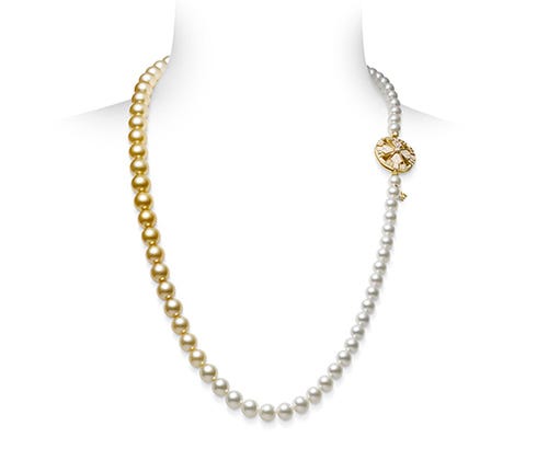 MIKIMOTO Yaguruma Collection 18k Yellow Gold Necklace with Golden and White South Sea Cultured Pearls and Diamonds